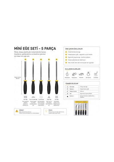 Mini Eğe Seti, 6 Parça, 5x180 Mm, Çelik, Kaymaz Saplı, Metal Ve Ahşap İşleme İçin