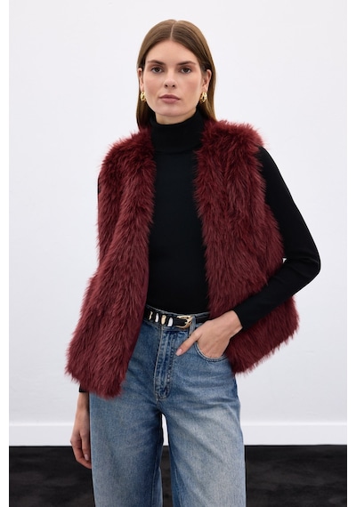 Sateen Kolsuz Uzun Yelek - Bordo-136640 Bordo