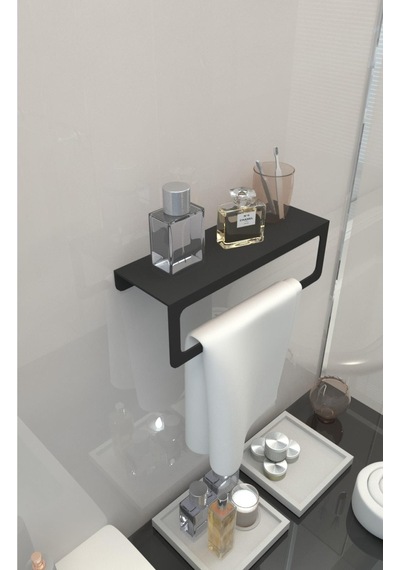 İcon Plus Havlu Tutacağı ,raf Metal Havlu Askısı, Mutfak Banyo Raflı Havluluk,modern Raflı Havluluk 30cm Siyah