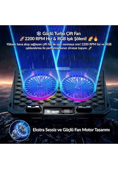Odin Rgb Işıklı Gaming 2200rpm Çift Fan Led Display Laptop Notebook Soğutucu Stand