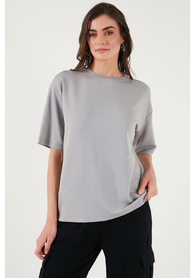 Lela Streç Oversize Fit Bisiklet Yaka Bayan T Shirt 5865911 Gri
