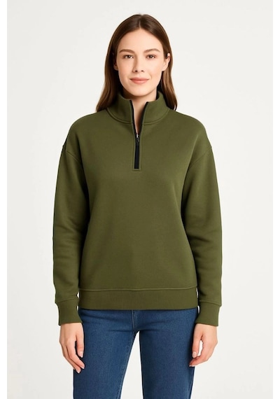 Freedom Storee Kadın 3 İplik Dık Yaka Yarım Fermuarlı Sweatshirt - Haki Çok Renkli