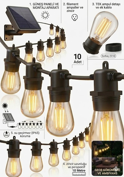 Solar Edison Ampul Zinciri 10 Metre Gunes Enerjili Dekoratif Filament Led Bahce Aydinlatma