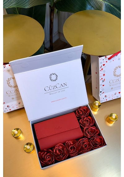 Premium Gift Rose Box - Jesi Siyah Hakiki Deri Kadın Cüzdan Siyah Gül Kutusu Siyah