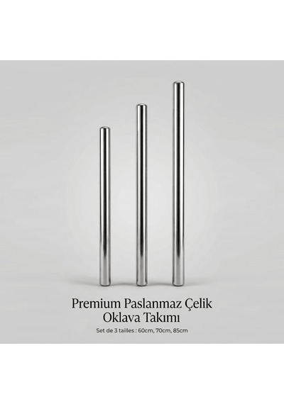 3'lü Paslanmaz Çelik Oklava Seti / 60, 70, 85 Cm
