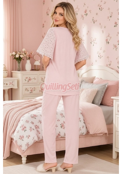 Lady Bebe Pembe Renkli Dantel Detaylı 33207 Kısa Kol 2 Parça Lohusa Hamile Pijama Takımı Açık Pembe