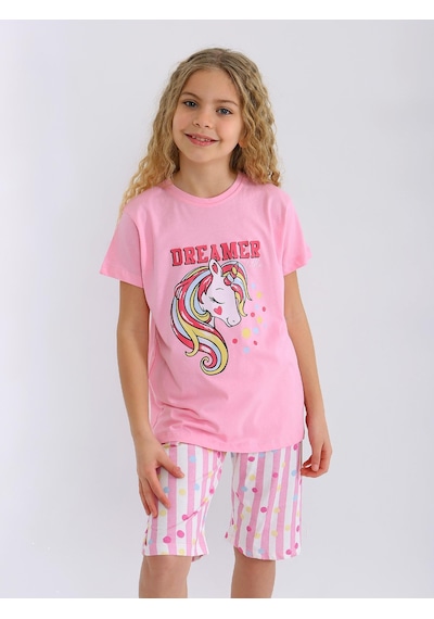 Kız Çocuk Kısa Kollu Kapri %100 Pamuklu Pijama Takımı Dreamer Girl Koyu Pembe