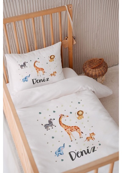 %100 Pamuk Saten Isme Özel Isimli 100x150 Bebek Yatak Nevresim Seti Safari