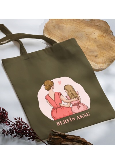 Bk Gift Kişiye Özel İsimli Anneler Günü Tasarımlı Haki Kumaş Bez Çanta, Baskılı Omuz Çantası, Alışveriş Çantası, Anneler Günü Hediyesi, Anneye Hediye-5 Sarı