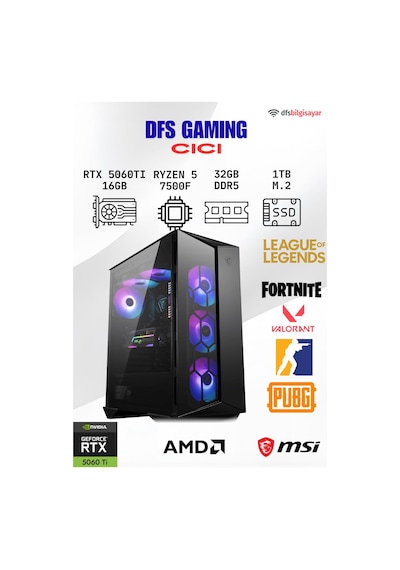 MSI DFS Gaming CICI R5-7500F 16 GB 32 GB 1 TB M.2 SSD RTX5060Ti Free Dos Masaüstü Oyuncu Bilgisayarı