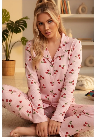 Siyah İnci Yumuşak Tuşe Kışlık Fitilli Düğmeli Pamuklu Örme Pijama Takım 7980 Somon Kiraz