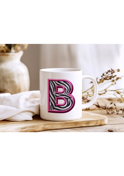 B Harfi Zebra Deseni Ve Pembe Kenarlı Kupa Bardak - Kişiye Özel Nakış Efektli - Siyah Beyaz Pembe Beyaz