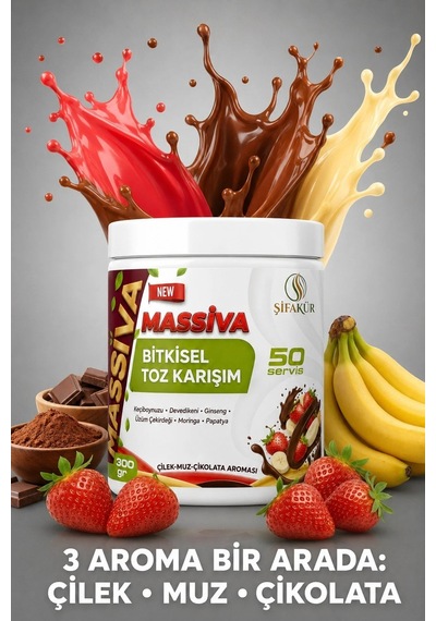 Ginsengli Toz İçecek Karışımı 300 g 50 Servis Çilek Muz Çikolata Aromalı (Massiva)