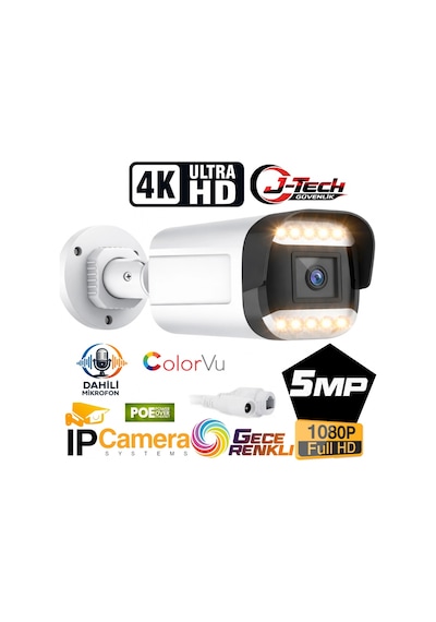 J-tech Jt-9070 5mp Sesli Ip Bullet Kamera Poe 12 Led 3.6mm Gece-gündüz Renkli