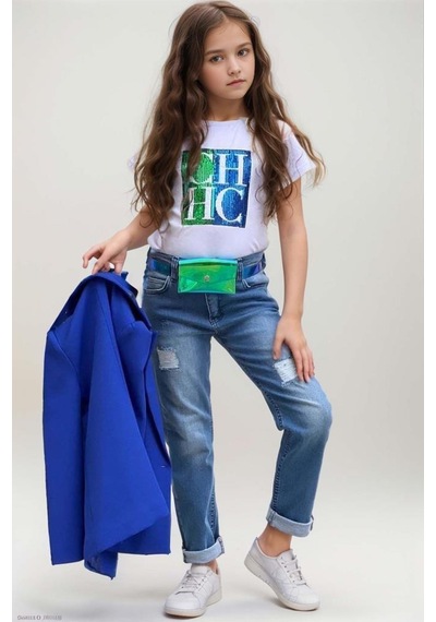 Riccotarz Kız Çocuk Üzeri Harf Pulpayet Tişört Ve Jean Saks Mavisi Blazer Ceket Alt Üst Takım Saks Riccotarz Kız Çocuk Üzeri Harf Pulpayet Tişört Ve Jean Saks Mavisi Blazer Ceket Alt Üst Takım Saks