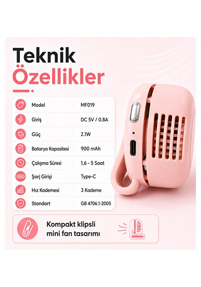 Şarjlı Klipsli Mini Fan Bıçaksız 3 Kademeli Type-c Taşınabilir Yaka Kemer Cep Ve Pembe
