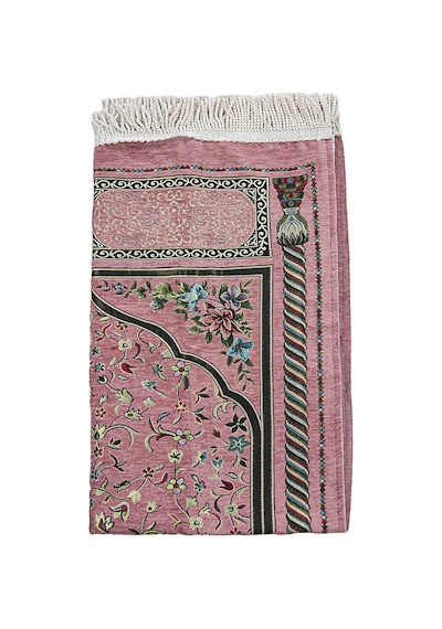 Pembe Çiçekli Ravza Desenli Astarlı Şönil Seccade 001