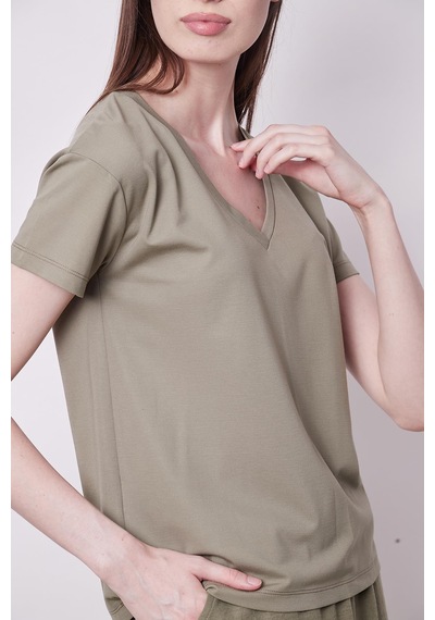 Jument Kadın V Yaka Kısa Kol Likralı Span Kumaş Şık T-shirt Bluz-haki Haki