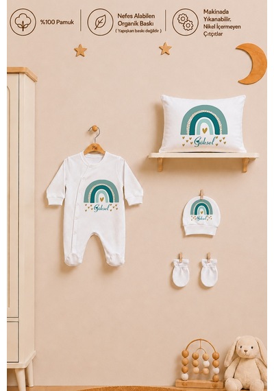Pia Baby İsme Özel 5 Parça Erkek Bebek Hastane Çıkışı Tulum Seti %100 Pamuk Organik Baskılı 1055tyb3x Ekru