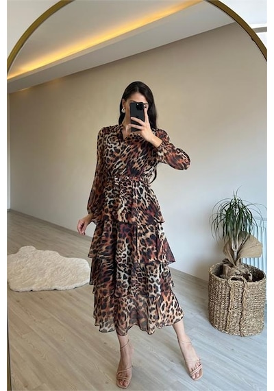 Neşeli Butik Kadın Leopar Desenli Kat Kat Volanlı Şifon Elbise Nm014 Kahverengi