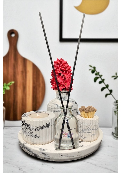Mermer Desenli Dekoratif 5 Parça Vazo Seti -vazo,oda Kokusu,kibritlik,yuvarlak Tepsi,tealight Mumluk Beyaz - Siyah