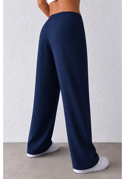 Tarz Cool Kadın Wide Leg Pantolon Ön Cep Detaylı Rahat Kalıp Günlük Pantolon Lacivert