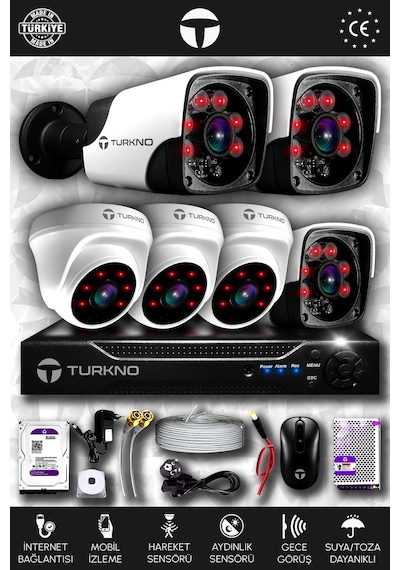 Turkno 6 Kameralı Pania 3 İç Kamera Set 250 GB HDD Full HD Gece Görüşlü Güvenlik Kamerası Sistemi