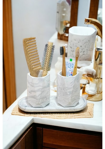 Banyo Seti Tepsili Diş Fırçalık, Diş Macunluk, Makyaj Organizeri,banyo Takımı Gri
