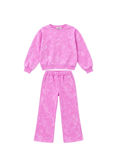 Luess Kız Çocuk Pembe Batik Yıkamalı Sweatshirt Boru Paça Eşofman Altı 2'li Takım