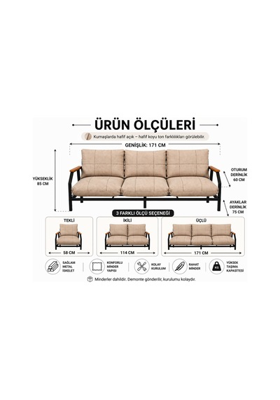 Linda 3 Lü Koltuk Bej Metal İskeletli Plastik Kolçaklı Minderli Modern Kanepe