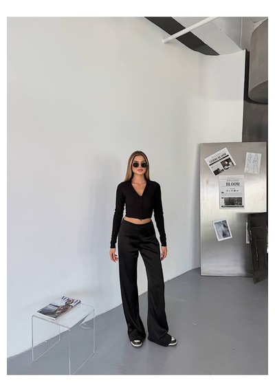 Kechi Woman Ottoman Kumaş Polo Yaka Fermuarlı Crop Siyah