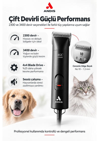 Andis Agc 2 Çift Devirli Kablolu Kedi Köpek Tıraş Makinesi - Yüksek