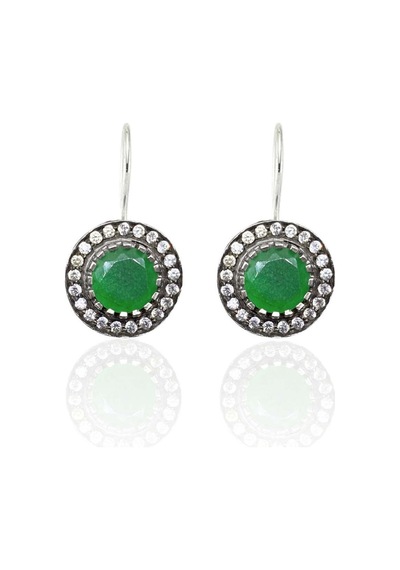 Oya Silver Yuvarlak Doğal Zümrüt Taşlı Gümüş Kadın Küpe 2.6x1.5 Cm