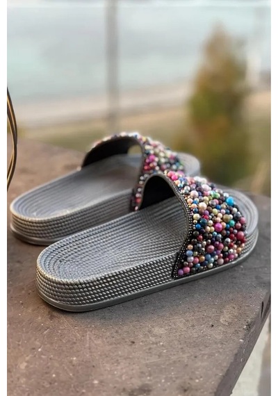 Kadın Renkli Boncuklu Yazlık Terlik Gümüş