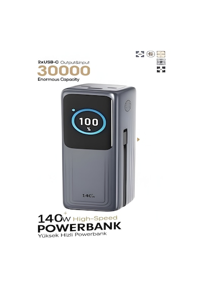 30000mah 140w Hızlı Şarjlı Tft Ekranlı Kendinden Type-c Kablolu 2type-c 1usb Girişli Powerbank siyah