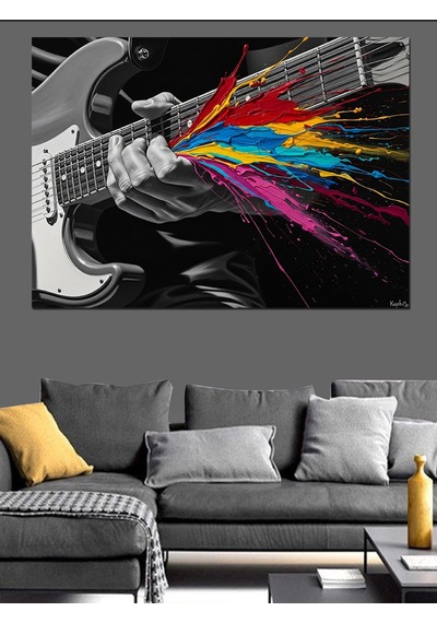 Ahşap Tablo Gitardan Çıkan Renkli Boya Patlaması