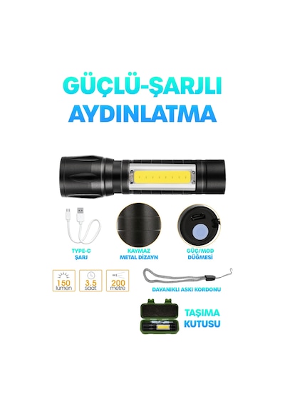 3 Mod Metal Şarjlı El Feneri Zoomlu Mini Boy Type-c Kutulu Cob Led Lamba Acil Durum Işığı 47701 Siyah
