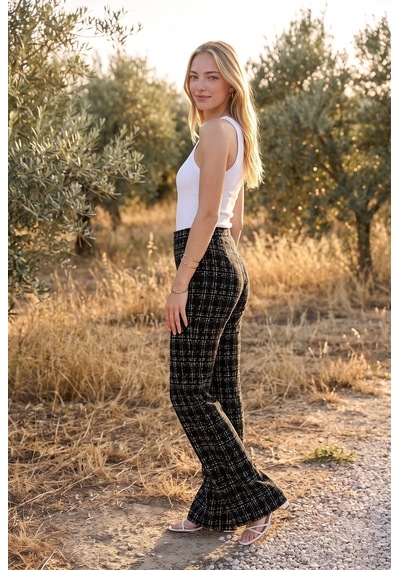 Soulshae Beyaz Ekose Yüksek Bel Pantolon Siyah
