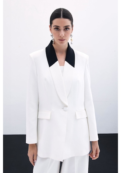 Sateen Kontrast Uzun Ceket - Ekru-135801 Ekru