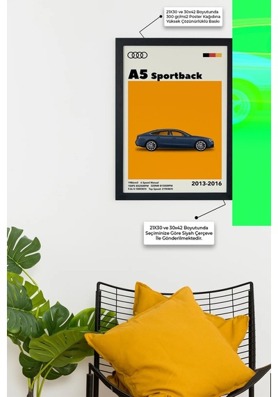 Audi A5 Sportback 2013-2016 Model V1 Car Serie Özel Tasarım Siyah Çerçeveli Tablo Poster