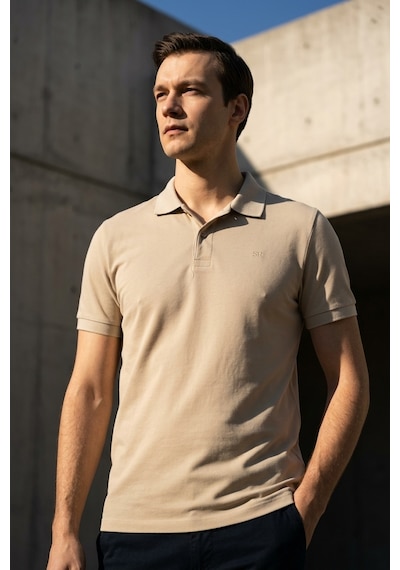 Süvari Slim Fit Düz Baskısız Pike Düğmeli Polo Yaka Nefes Alabilen T-shirt Bej
