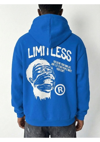 Premium Baskılı Kapşonlu Sweatshirt Üç İplik İçi Pamuklu Kanguru Cepli Double Oversize Rahat Kalıp Hoodie - Saks Mavi Saks Mavisi
