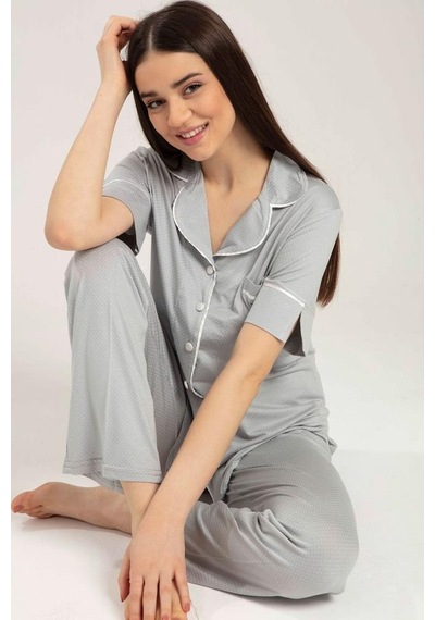 Bone Club 5200 Gri Noktalı Önden Düğmeli Lohusa Pijama Tk
