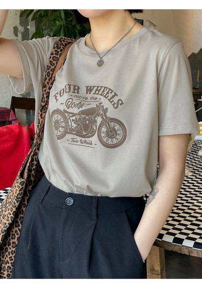 Flood Of Style Kadın Açık Kahve Four Baskılı Bisiklet Yaka Tshirt Lacivert