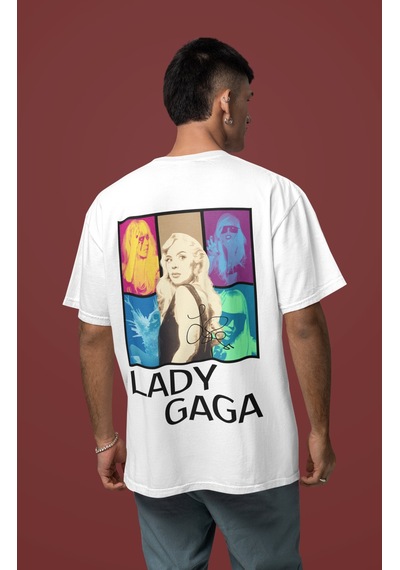 Sevbano Tasarım Lady Gaga Sırt Baskılı Unisex Oversize Şarkıcı Tişört Beyaz
