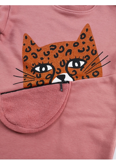 Pembe Leopar Cepli Uzun Kollu Kız Çocuk Elbise