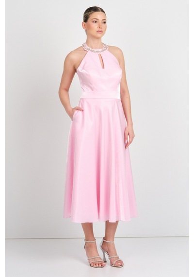 Saygın Kadın Halter Yaka Saten Midi Abiye Elbise 5624 Pembe Pembe