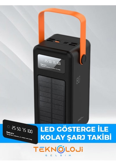 Güneş Enerjili Solar Powerbank 80.000 Mah Dijital Göstergeli El Fenerli 4 Çıkış Taşınabilir Batarya Siyah