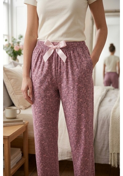 Mataş Kadın Viskon Pijama Altı Rahat Kesim Fiyonk Bağcıklı Bel Mor