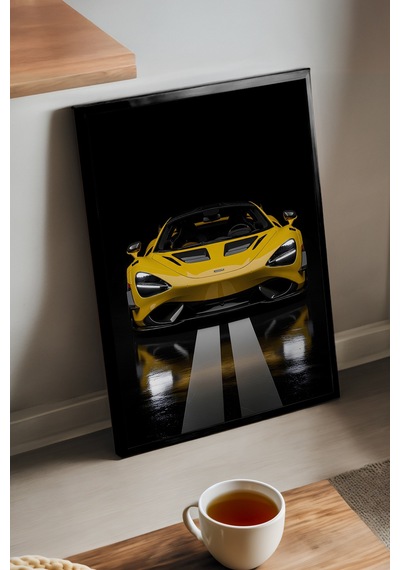 Mclaren 765lt Siyah Ahşap Çerçeveli Poster, Dekoratif Araba Duvar Tablosu